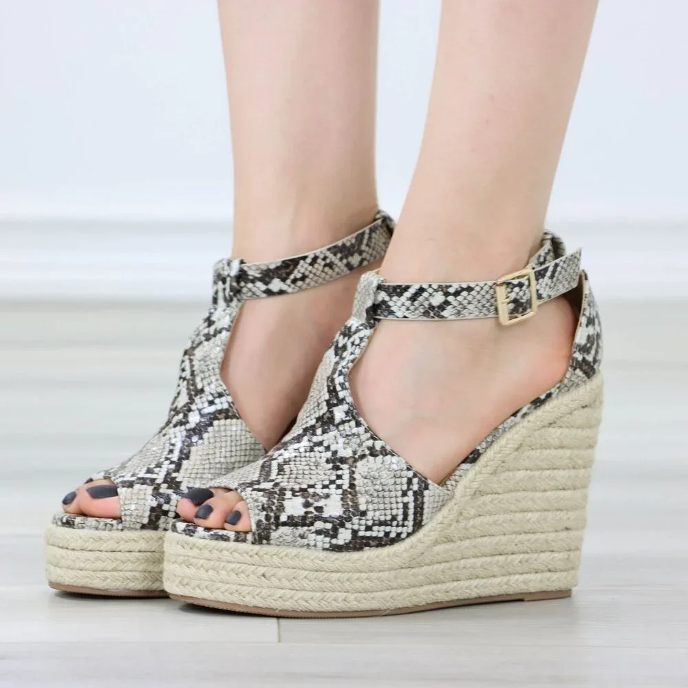 Faux Snakeskin Wedge Sandals Ankle Strap Espadrille Platform Buckle Closure